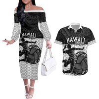 Custom Hawaii Volleyball-Kakau Motif Grayscale Color Couples Matching Off The Shoulder Long Sleeve Dress and Hawaiian Shirt