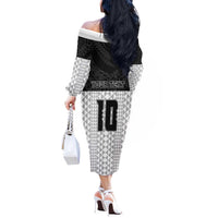 Custom Hawaii Volleyball-Kakau Motif Grayscale Color Off The Shoulder Long Sleeve Dress