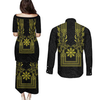Philippines Barong Style Couples Matching Puletasi and Long Sleeve Button Shirt with Polynesian Art and Leaf Motif Black-Gold Color