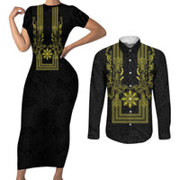 Philippines Barong Style Couples Matching Short Sleeve Bodycon Dress and Long Sleeve Button Shirt with Polynesian Art and Leaf Motif Black-Gold Color