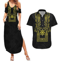 Philippines Barong Style Couples Matching Summer Maxi Dress and Hawaiian Shirt with Polynesian Art and Leaf Motif Black-Gold Color