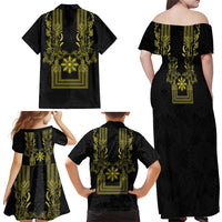 Philippines Barong Style Family Matching Off Shoulder Maxi Dress and Hawaiian Shirt with Polynesian Art and Leaf Motif Black-Gold Color