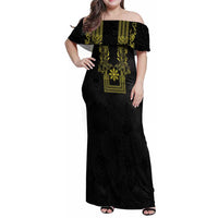 Philippines Barong Style Family Matching Off Shoulder Maxi Dress and Hawaiian Shirt with Polynesian Art and Leaf Motif Black-Gold Color