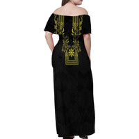 Philippines Barong Style Family Matching Off Shoulder Maxi Dress and Hawaiian Shirt with Polynesian Art and Leaf Motif Black-Gold Color