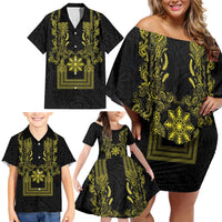 Philippines Barong Style Family Matching Off Shoulder Short Dress and Hawaiian Shirt with Polynesian Art and Leaf Motif Black-Gold Color