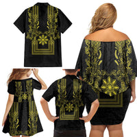 Philippines Barong Style Family Matching Off Shoulder Short Dress and Hawaiian Shirt with Polynesian Art and Leaf Motif Black-Gold Color