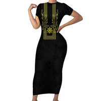 Philippines Barong Style Family Matching Short Sleeve Bodycon Dress and Hawaiian Shirt with Polynesian Art and Leaf Motif Black-Gold Color