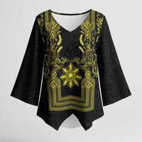 Philippines Barong Style Kimono Sleeve Blouse with Polynesian Art and Leaf Motif Black-Gold Color LT03 Female Black - Polynesian Pride