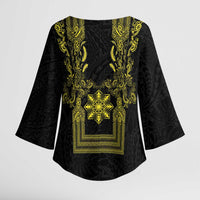 Philippines Barong Style Kimono Sleeve Blouse with Polynesian Art and Leaf Motif Black-Gold Color LT03 - Polynesian Pride
