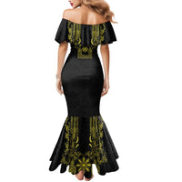 Philippines Barong Style Mermaid Dress with Polynesian Art and Leaf Motif Black-Gold Color