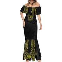 Philippines Barong Style Mermaid Dress with Polynesian Art and Leaf Motif Black-Gold Color