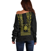 Philippines Barong Style Off Shoulder Sweater with Polynesian Art and Leaf Motif Black-Gold Color LT03 - Polynesian Pride