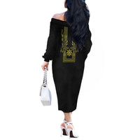 Philippines Barong Style Off The Shoulder Long Sleeve Dress with Polynesian Art and Leaf Motif Black-Gold Color LT03 - Polynesian Pride