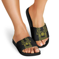 Philippines Barong Style Slide Sandals with Polynesian Art and Leaf Motif Black-Gold Color