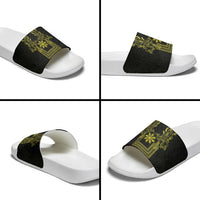 Philippines Barong Style Slide Sandals with Polynesian Art and Leaf Motif Black-Gold Color