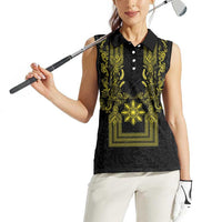 Philippines Barong Style Women Sleeveless Polo Shirt with Polynesian Art and Leaf Motif Black-Gold Color