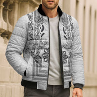 Philippines Barong Style Bomber Puffer Jacket with Polynesian Art and Leaf Motif Black-White Color