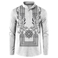 Philippines Barong Style Button Sweatshirt with Polynesian Art and Leaf Motif Black-White Color LT03 White - Polynesian Pride