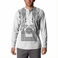 Philippines Barong Style Button Sweatshirt with Polynesian Art and Leaf Motif Black-White Color LT03 - Polynesian Pride