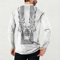 Philippines Barong Style Button Sweatshirt with Polynesian Art and Leaf Motif Black-White Color LT03 - Polynesian Pride