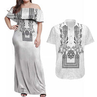 Philippines Barong Style Couples Matching Off Shoulder Maxi Dress and Hawaiian Shirt with Polynesian Art and Leaf Motif Black-White Color