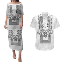 Philippines Barong Style Couples Matching Puletasi and Hawaiian Shirt with Polynesian Art and Leaf Motif Black-White Color LT03 White - Polynesian Pride