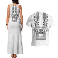 Philippines Barong Style Couples Matching Tank Maxi Dress and Hawaiian Shirt with Polynesian Art and Leaf Motif Black-White Color