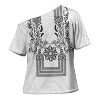 Philippines Barong Style Cross Shoulder Shirt with Polynesian Art and Leaf Motif Black-White Color LT03 - Polynesian Pride
