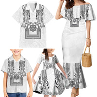 Philippines Barong Style Family Matching Mermaid Dress and Hawaiian Shirt with Polynesian Art and Leaf Motif Black-White Color
