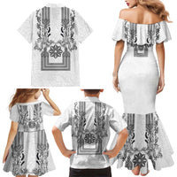 Philippines Barong Style Family Matching Mermaid Dress and Hawaiian Shirt with Polynesian Art and Leaf Motif Black-White Color