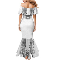 Philippines Barong Style Family Matching Mermaid Dress and Hawaiian Shirt with Polynesian Art and Leaf Motif Black-White Color