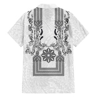 Philippines Barong Style Family Matching Off Shoulder Maxi Dress and Hawaiian Shirt with Polynesian Art and Leaf Motif Black-White Color