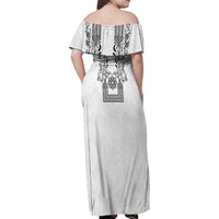 Philippines Barong Style Family Matching Off Shoulder Maxi Dress and Hawaiian Shirt with Polynesian Art and Leaf Motif Black-White Color