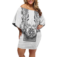 Philippines Barong Style Family Matching Off Shoulder Short Dress and Hawaiian Shirt with Polynesian Art and Leaf Motif Black-White Color