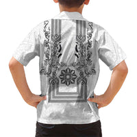 Philippines Barong Style Family Matching Puletasi and Hawaiian Shirt with Polynesian Art and Leaf Motif Black-White Color