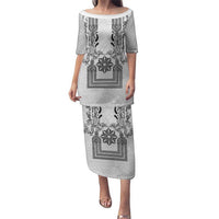 Philippines Barong Style Family Matching Puletasi and Hawaiian Shirt with Polynesian Art and Leaf Motif Black-White Color