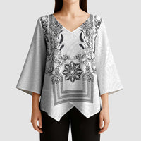 Philippines Barong Style Kimono Sleeve Blouse with Polynesian Art and Leaf Motif Black-White Color LT03 - Polynesian Pride