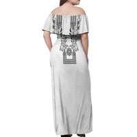 Philippines Barong Style Off Shoulder Maxi Dress with Polynesian Art and Leaf Motif Black-White Color