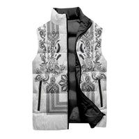 Philippines Barong Style Sleeveless Puffer Jacket with Polynesian Art and Leaf Motif Black-White Color