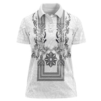 Philippines Barong Style Women Polo Shirt with Polynesian Art and Leaf Motif Black-White Color