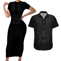 Philippines Barong Style Couples Matching Short Sleeve Bodycon Dress and Hawaiian Shirt with Polynesian Art and Leaf Motif Black Color