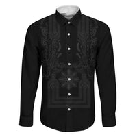 Philippines Barong Style Family Matching Off Shoulder Maxi Dress and Hawaiian Shirt with Polynesian Art and Leaf Motif Black Color