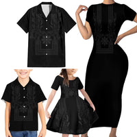 Philippines Barong Style Family Matching Short Sleeve Bodycon Dress and Hawaiian Shirt with Polynesian Art and Leaf Motif Black Color