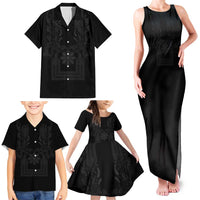 Philippines Barong Style Family Matching Tank Maxi Dress and Hawaiian Shirt with Polynesian Art and Leaf Motif Black Color