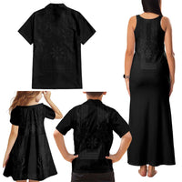 Philippines Barong Style Family Matching Tank Maxi Dress and Hawaiian Shirt with Polynesian Art and Leaf Motif Black Color