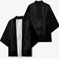 Philippines Barong Style Kimono with Polynesian Art and Leaf Motif Black Color LT03 - Polynesian Pride