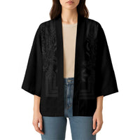 Philippines Barong Style Kimono with Polynesian Art and Leaf Motif Black Color LT03 - Polynesian Pride