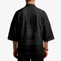 Philippines Barong Style Kimono with Polynesian Art and Leaf Motif Black Color LT03 - Polynesian Pride