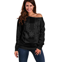 Philippines Barong Style Off Shoulder Sweater with Polynesian Art and Leaf Motif Black Color LT03 Women Black - Polynesian Pride