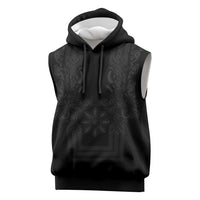 Philippines Barong Style Sleeveless Hoodie with Polynesian Art and Leaf Motif Black Color